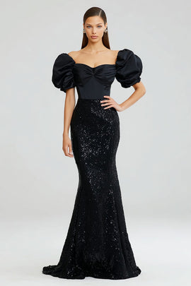 Sparkly Black Mermaid Puff Sleeves Long Formal Dress with Sequins