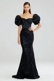 Sparkly Black Mermaid Puff Sleeves Long Formal Dress with Sequins