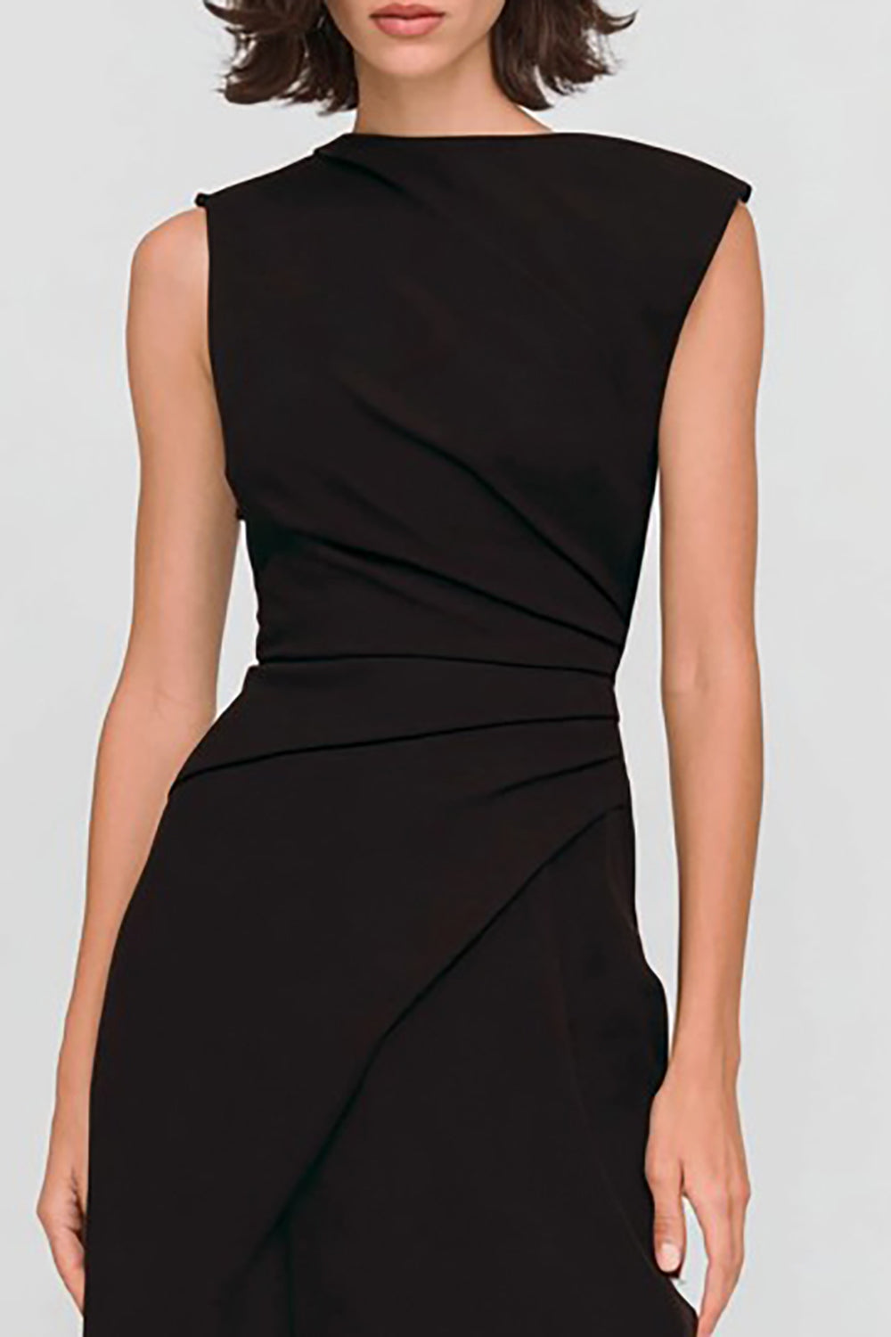 Black Sheath Bateau Neck Ruched Long Formal Dress
