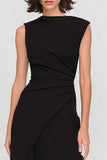 Black Sheath Bateau Neck Ruched Long Formal Dress