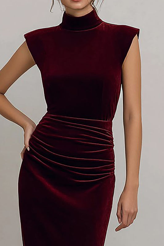 Burgundy High Neck Ruched Velvet Long Formal Dress with Slit