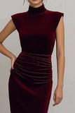 Burgundy High Neck Ruched Velvet Long Formal Dress with Slit
