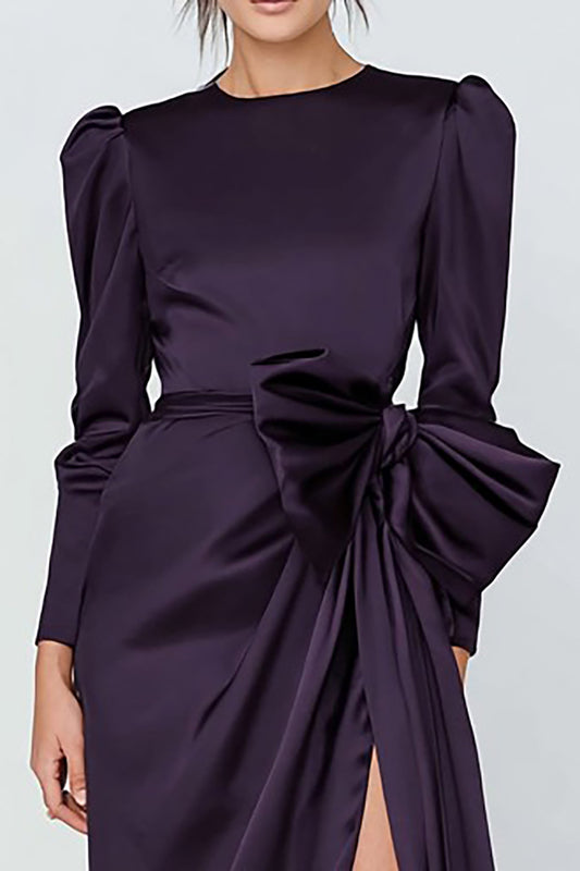 Dark Purple Crew Neck Long Sleeves Formal Dress with Bow