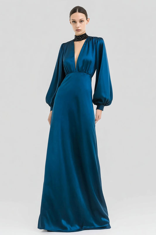 Sparkly Dark Blue Satin Long Sleeves Formal Dress with Beading
