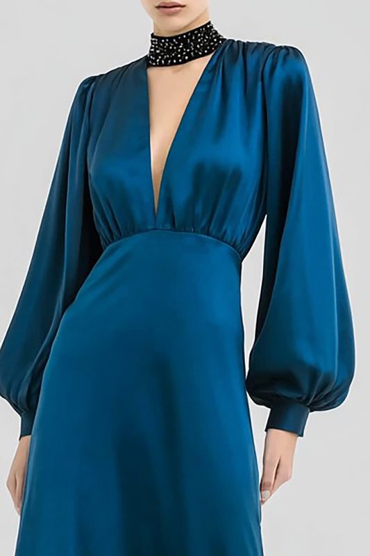 Sparkly Dark Blue Satin Long Sleeves Formal Dress with Beading