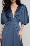 Sparkly Dark Blue Satin V-Neck A-Line Long Formal Dress