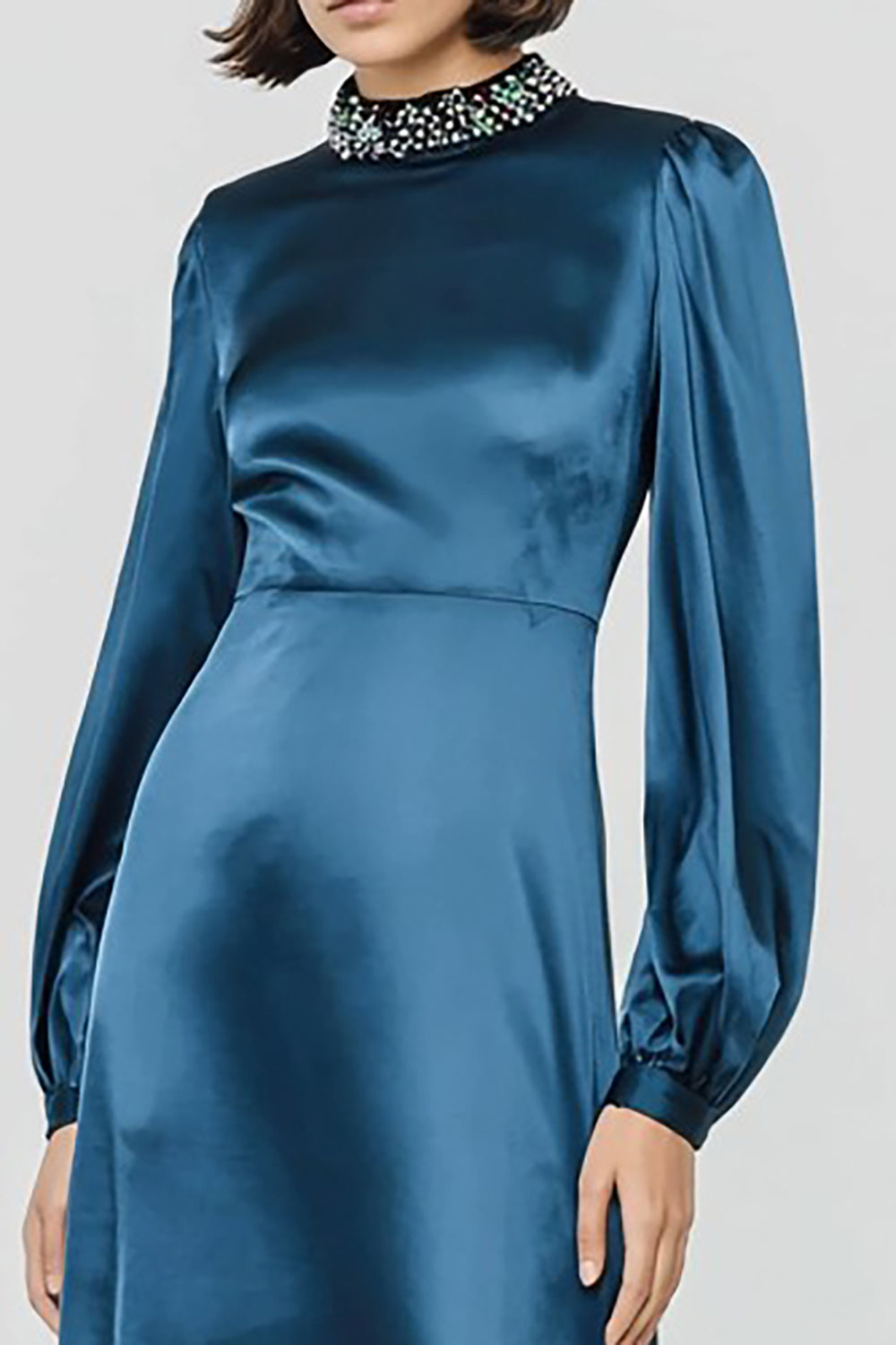 Zapakasa Women Sparkly Dark Blue Long Sleeves Formal Dress with Beading