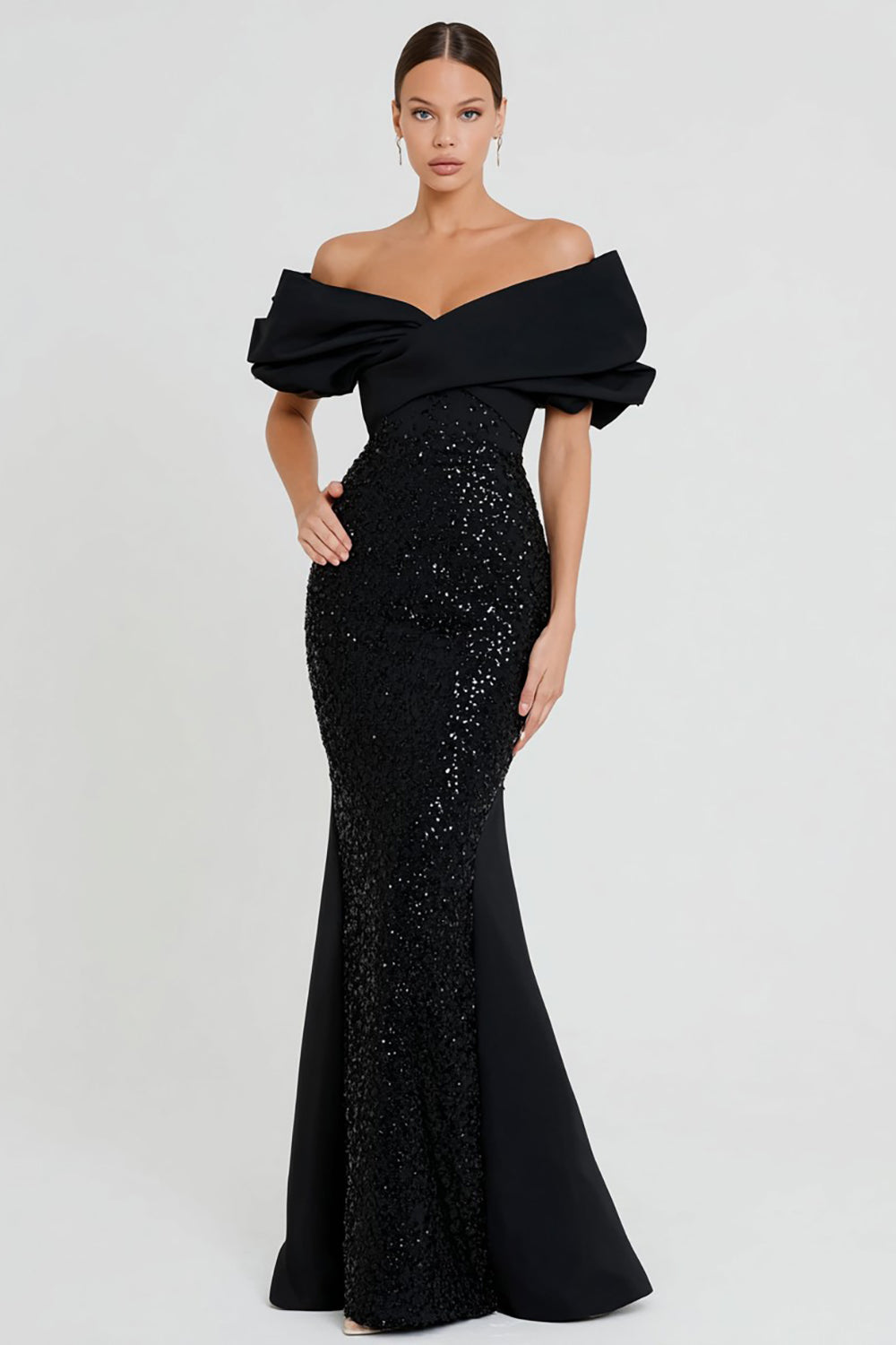 Sparkly Black Mermaid Sequin Off the Shoulder Long Formal Dress