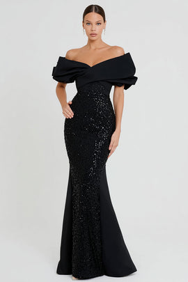 Sparkly Black Mermaid Sequin Off the Shoulder Long Formal Dress