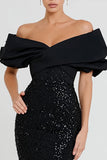 Sparkly Black Mermaid Sequin Off the Shoulder Long Formal Dress