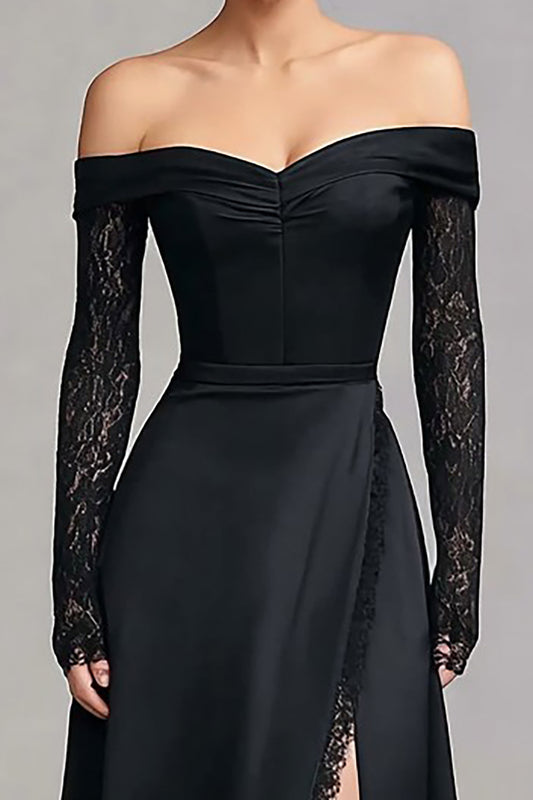 Black Lace Off the Shoulder Long Sleeves Formal Dress with Slit