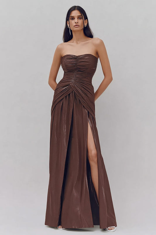 Coffee Sheath Strapless Ruched Long Formal Dress with Slit