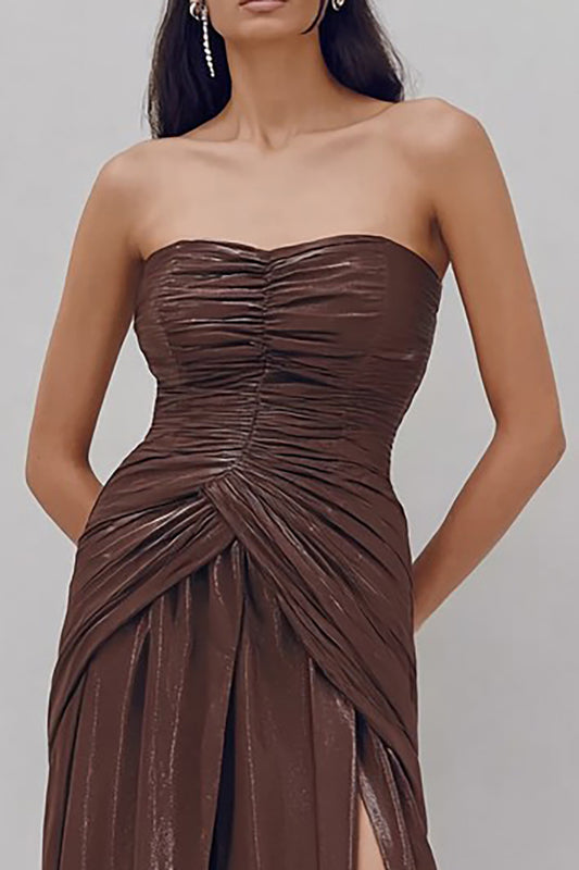 Coffee Sheath Strapless Ruched Long Formal Dress with Slit