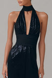 Glitter Halter Neck Long Black Tie Dress with Keyhole