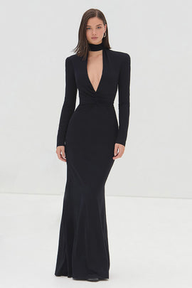 Black High Neck Mermaid Long Sleeves Formal Dress with Keyhole