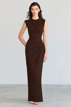 Coffee Mermaid Crew Neck Ruched Long Formal Dress