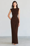 Coffee Mermaid Crew Neck Ruched Long Formal Dress