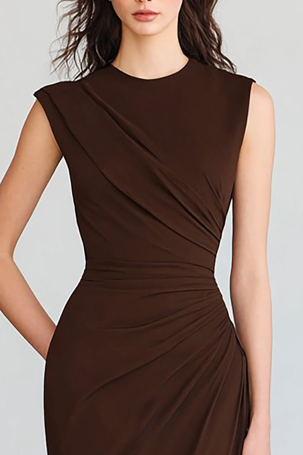 Coffee Mermaid Crew Neck Ruched Long Formal Dress