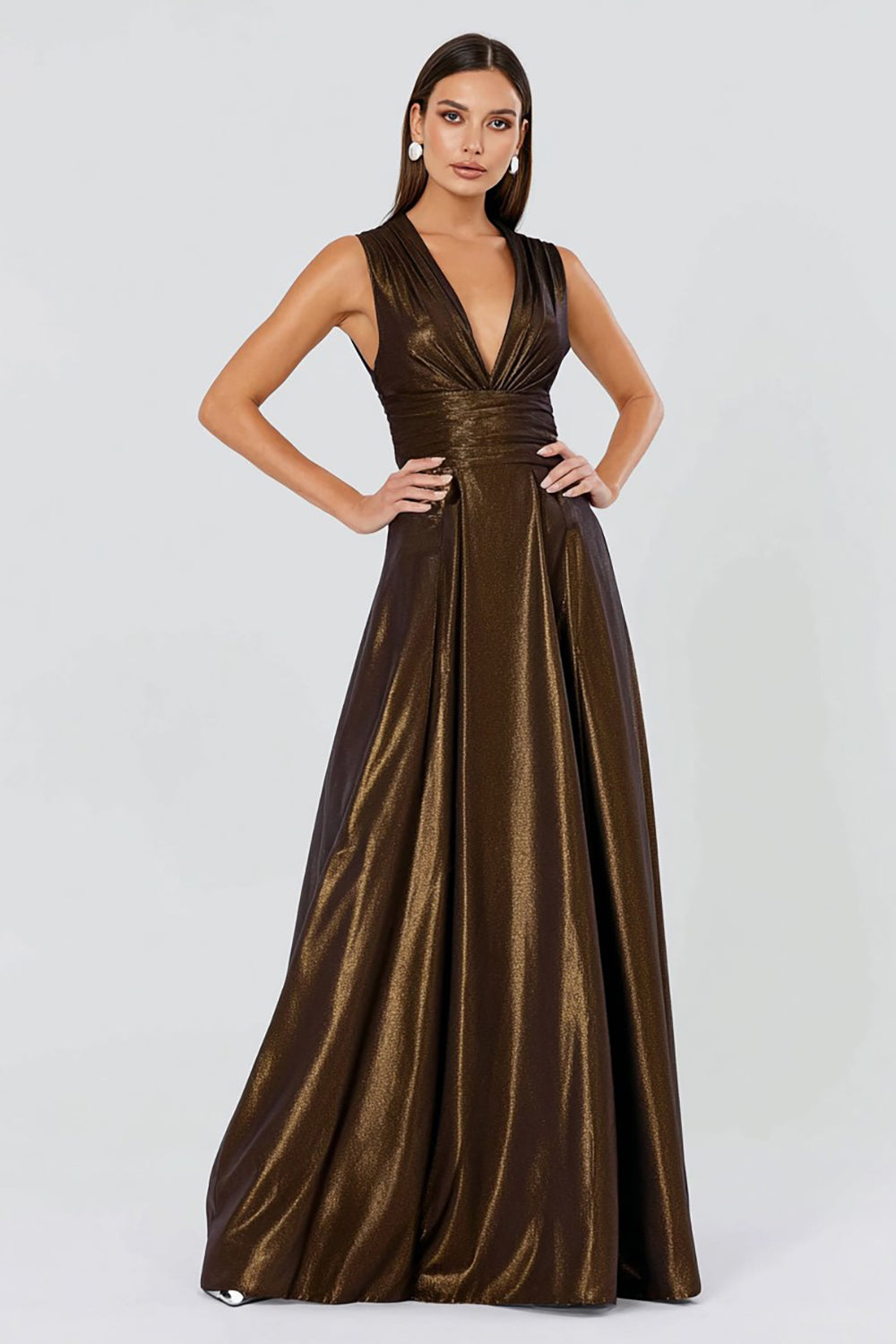 Zapakasa Women Glitter Brown Pleated Long Formal Dress A-Line V-Neck