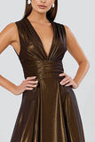 Glitter Brown V-Neck A-Line Pleated Long Formal Dress