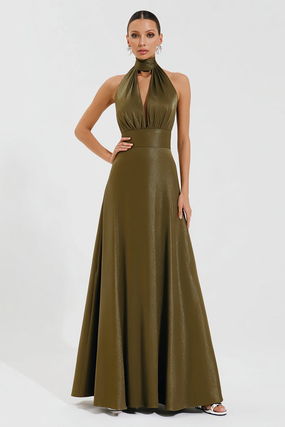 Zapakasa Women Olive High Neck Long Formal Dress with Keyhole Glitter A