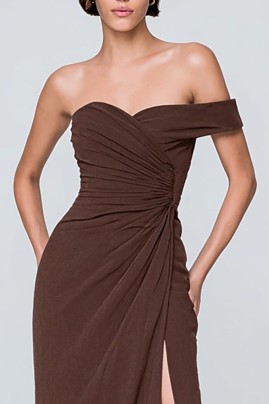 Coffee Asymmetrical Neck Ruched Long Formal Dress with Slit