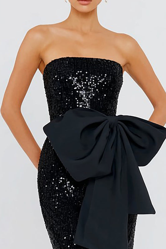 Sparkly Black Sequin Mermaid Long Formal Dress with Bow