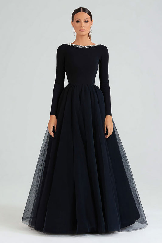 Sparkly Boat Neck A-Line Long Sleeves Black Tie Dress with Beading