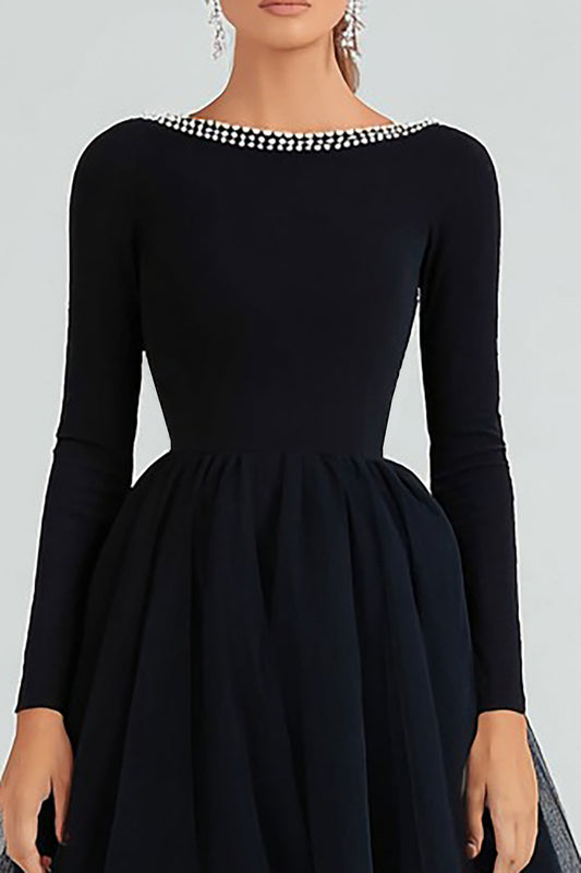 Sparkly Boat Neck A-Line Long Sleeves Black Tie Dress with Beading