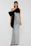Sparkly Silver Sheath Sequins Long Formal Dress with Bow