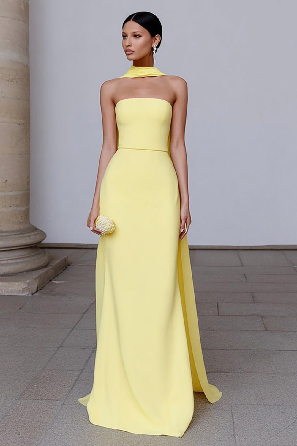 Yellow Sheath Strapless Neck Scarf Long Formal Dress