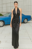 Halter Neck Sheath Ruched Long Black Tie Dress