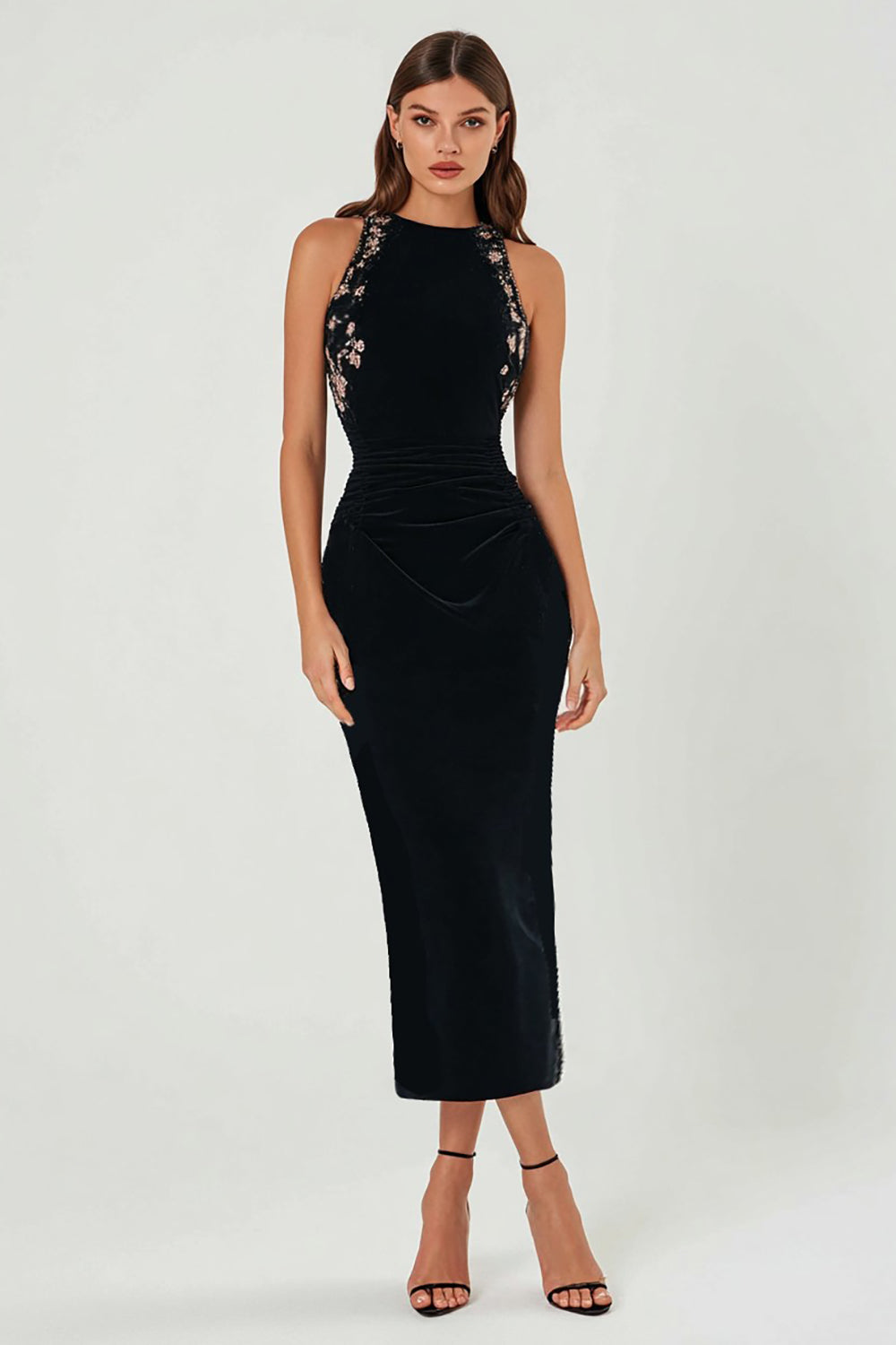 Sparkly Black Bodycon Crew Neck Floral Long Formal Dress with Beading