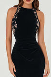 Sparkly Black Bodycon Crew Neck Floral Long Formal Dress with Beading