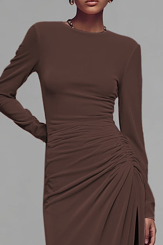 Coffee Velvet Crew Neck Ruched Long Formal Dress with Slit