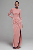Coffee Velvet Crew Neck Ruched Long Formal Dress with Slit