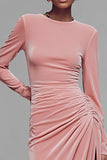 Coffee Velvet Crew Neck Ruched Long Formal Dress with Slit