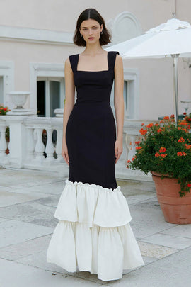 Black and White Mermaid Thick Straps Long Formal Dress with Ruffles