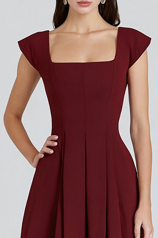 Burgundy A-Line Square Neck Long Formal Dress