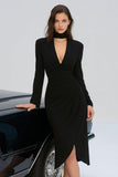 Black High Neck Bodycon Long Sleeves Midi Cocktail Dress with Slit