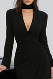 Black High Neck Bodycon Long Sleeves Midi Cocktail Dress with Slit