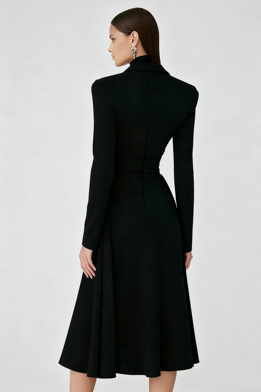 Black High Neck A-Line Keyhole Midi Cocktail Dress with Sleeves