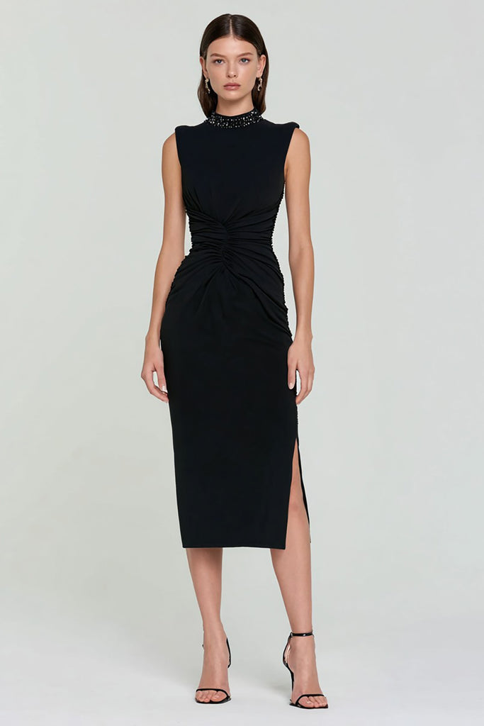 Zapakasa Women Sparkly Black Bodycon Midi Cocktail Dress with Slit High