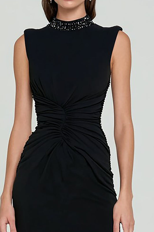 Sparkly Black High Neck Bodycon Midi Cocktail Dress with Slit