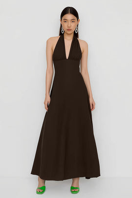 Coffee Sheath Halter Neck Long Wedding Guest Dress