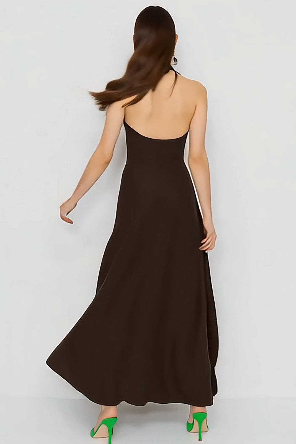 Coffee Sheath Halter Neck Long Wedding Guest Dress