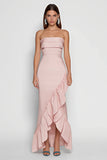 Pink Strapless Ruffled Mermaid Long Wedding Guest Dress with Slit