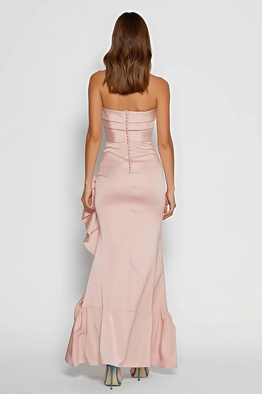 Pink Strapless Ruffled Mermaid Long Wedding Guest Dress with Slit