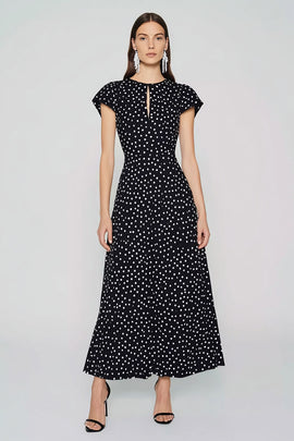 Black and White Polka Dots Long Wedding Guest Dress with Keyhole