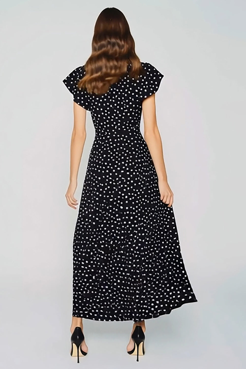 Black and White Polka Dots Long Wedding Guest Dress with Keyhole